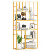 Five-tier geometric bookshelf with a white and gold metal frame, ideal for modern living room or home office storage.