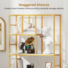 Staggered 5-tier bookshelf with a white and gold metal frame, ideal for modern living room or home office storage.