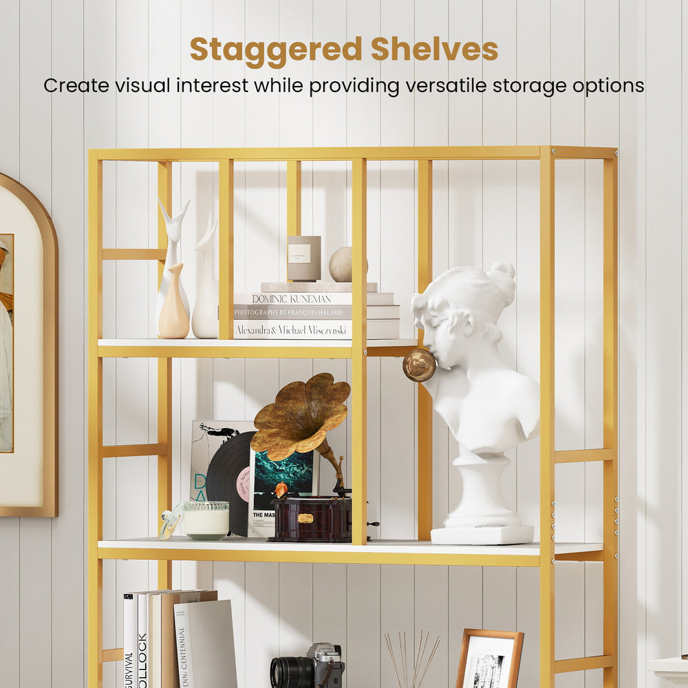 Staggered 5-tier bookshelf with a white and gold metal frame, ideal for modern living room or home office storage.