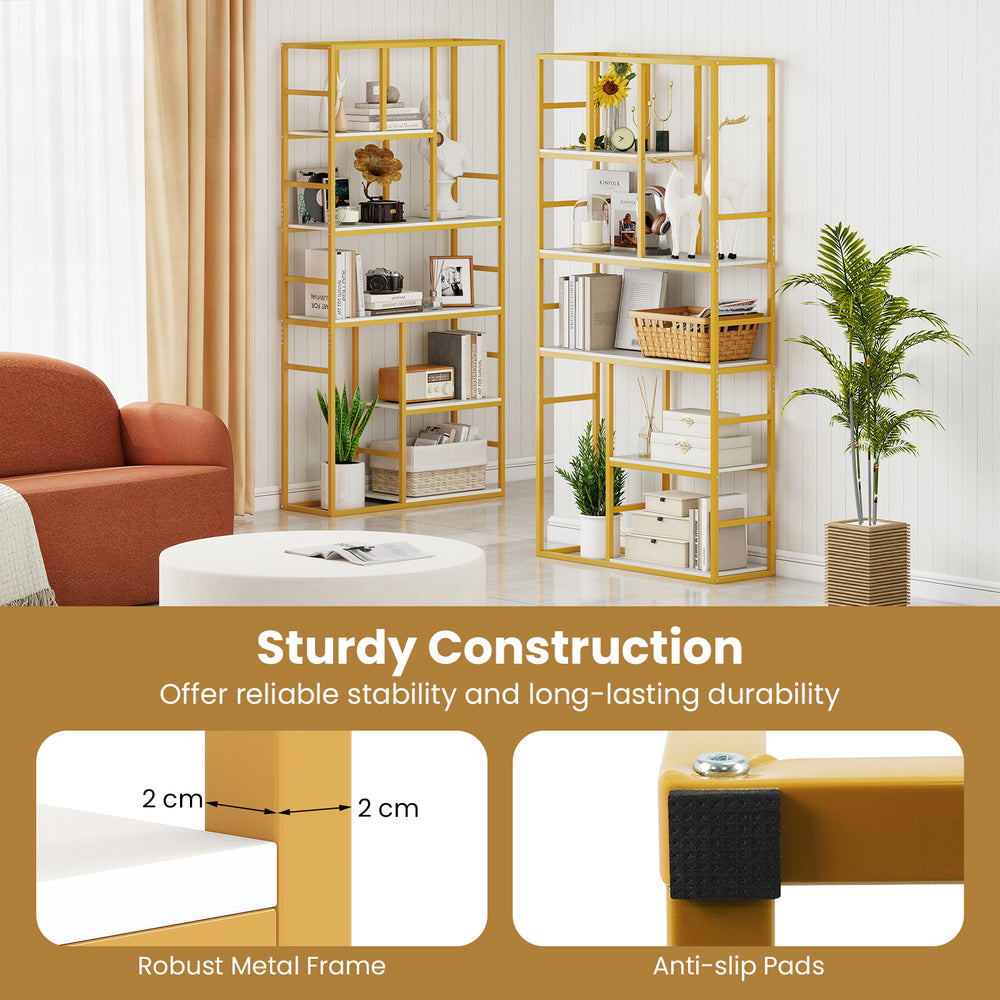 Five-tier geometric bookshelf with a white and gold metal frame, featuring staggered shelves for versatile storage.