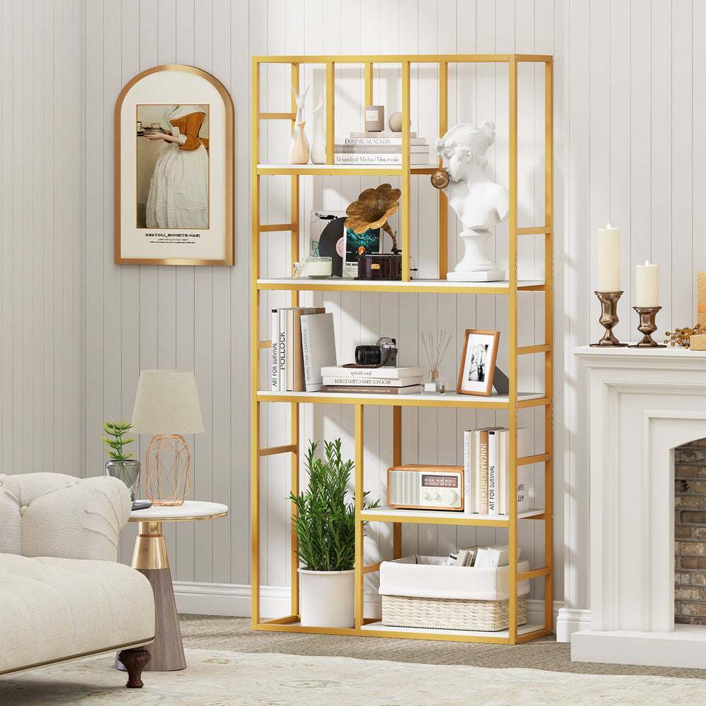 71-inch tall 5-tier bookshelf with a white and gold metal frame, ideal for modern living room or home office storage.