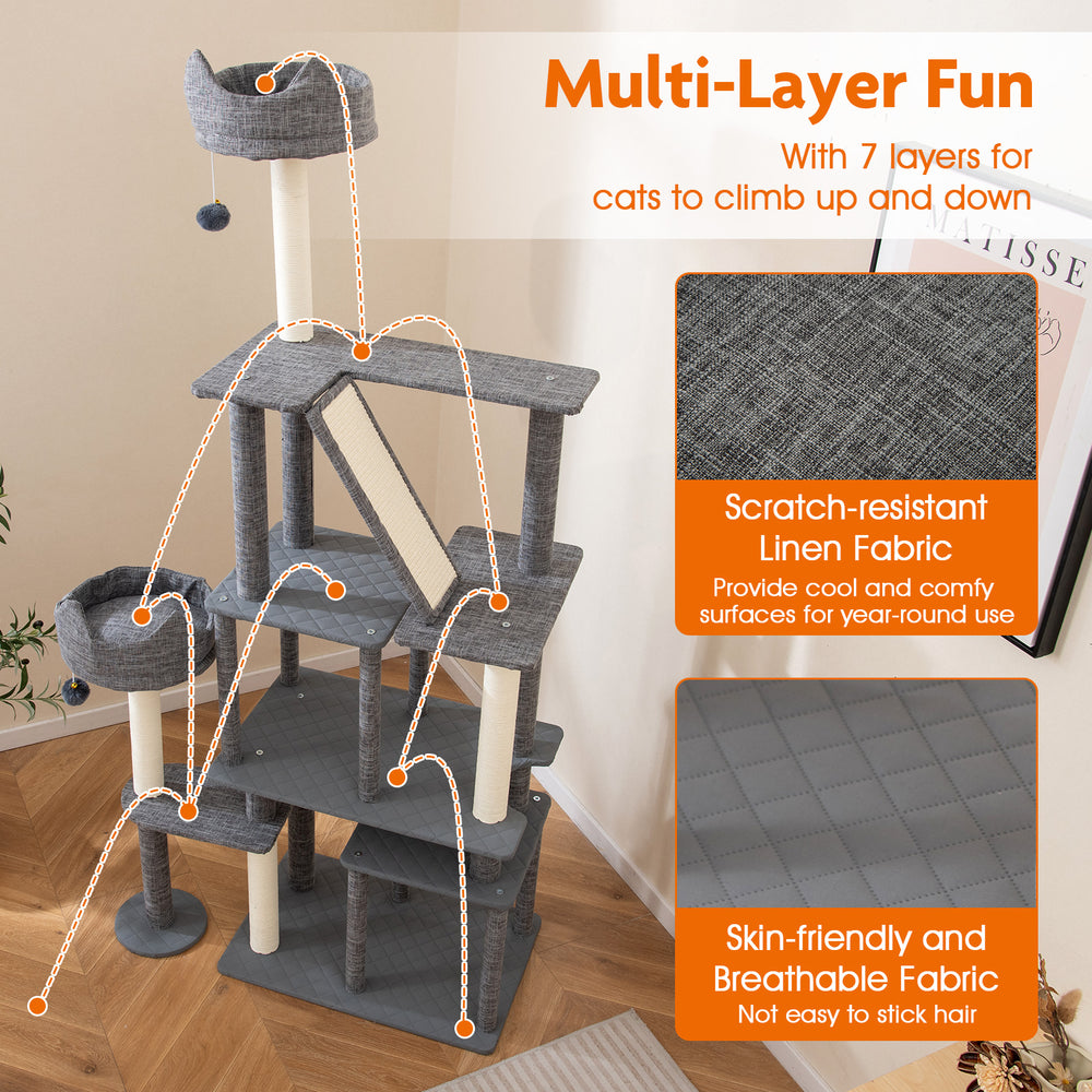 Multi-level 71-inch tall cat tree in grey with scratching posts, condos, and cozy top perch for playful cats.