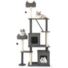 Multi-level 71-inch tall cat tree in grey with condos, scratching posts, and cozy perches for playful cats.