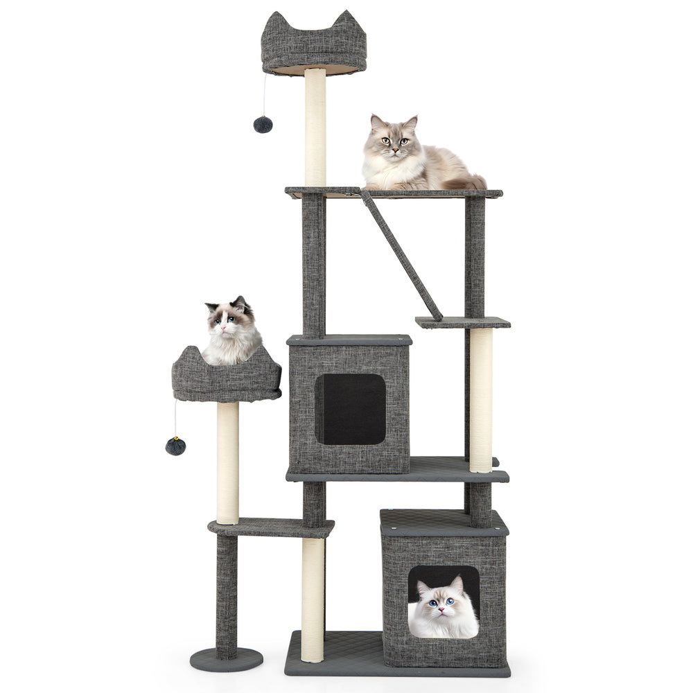 Multi-level 71-inch tall cat tree in grey with condos, scratching posts, and cozy perches for playful cats.