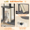 Multi-level 71-inch tall cat tree in grey featuring scratching posts, condos, and plush dangling balls for play.