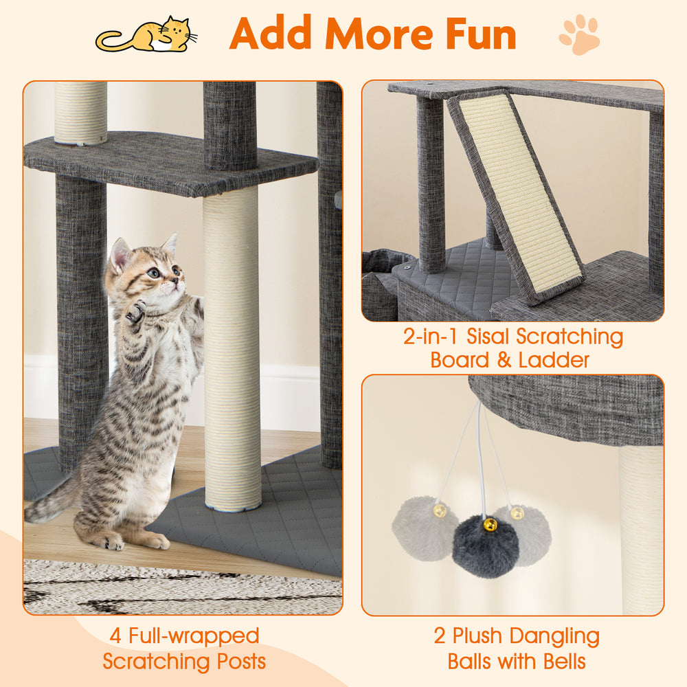 Multi-level 71-inch tall cat tree in grey featuring scratching posts, condos, and plush dangling balls for play.