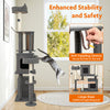 Multi-level 71-inch tall cat tree in grey with spacious condos, scratching posts, and anti-toppling device for safety.