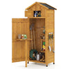 Garden tool storage cabinet with lockable doors, foldable table, and detachable shelves for organized outdoor use.