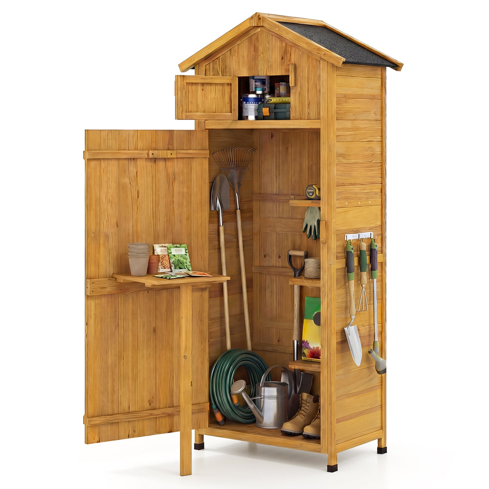 Garden tool storage cabinet with lockable doors, foldable table, and detachable shelves for organized outdoor use.