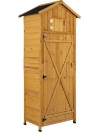 71-inch tall garden tool storage cabinet in natural fir wood with lockable doors and foldable table for outdoor use.