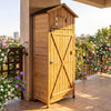 Tall garden tool storage cabinet made of fir wood with lockable doors and foldable table, perfect for outdoor.