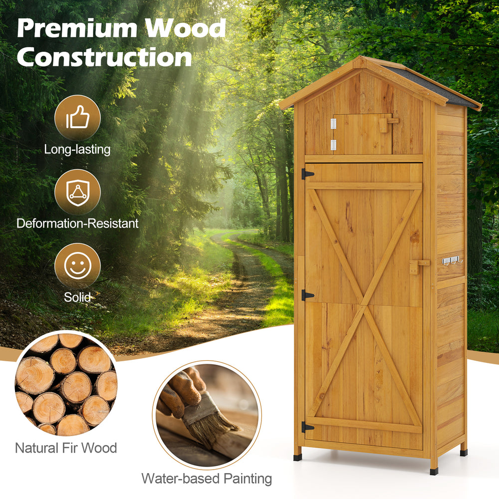 Garden tool storage cabinet with lockable doors, made of natural fir wood, featuring a foldable table for outdoor use.