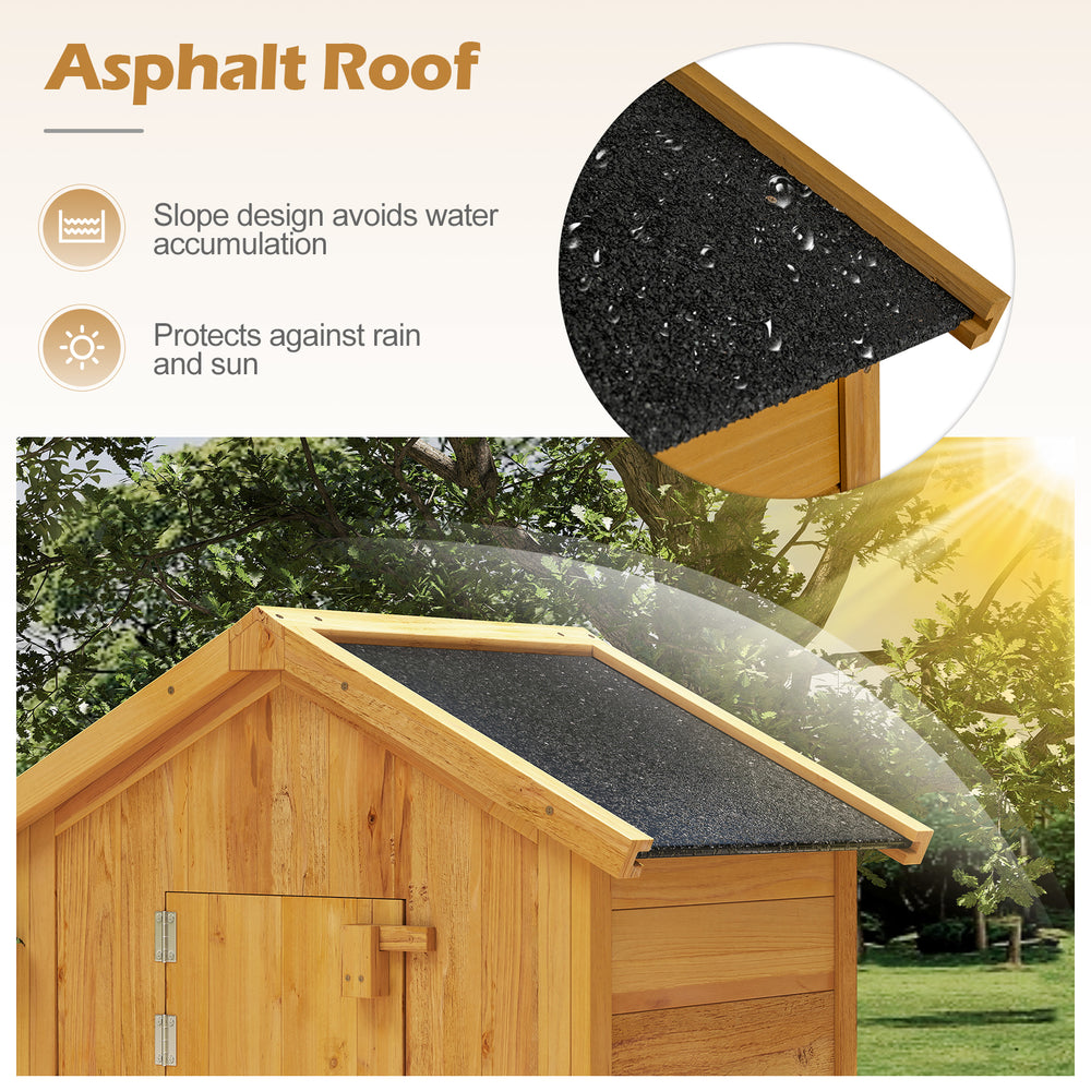 Asphalt roof detail of the 71-inch garden tool storage cabinet, designed for waterproof protection and outdoor use.