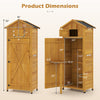 Garden tool storage cabinet dimensions showing lockable doors, foldable table, and detachable shelves for organization.