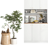Elegant pantry cabinet with multi-door design, pull-out drawer, and adjustable hinges for a seamless dining room look.