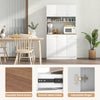 71-inch tall white pantry cabinet featuring wood-textured countertop, adjustable shelves, and smooth metal slides for.