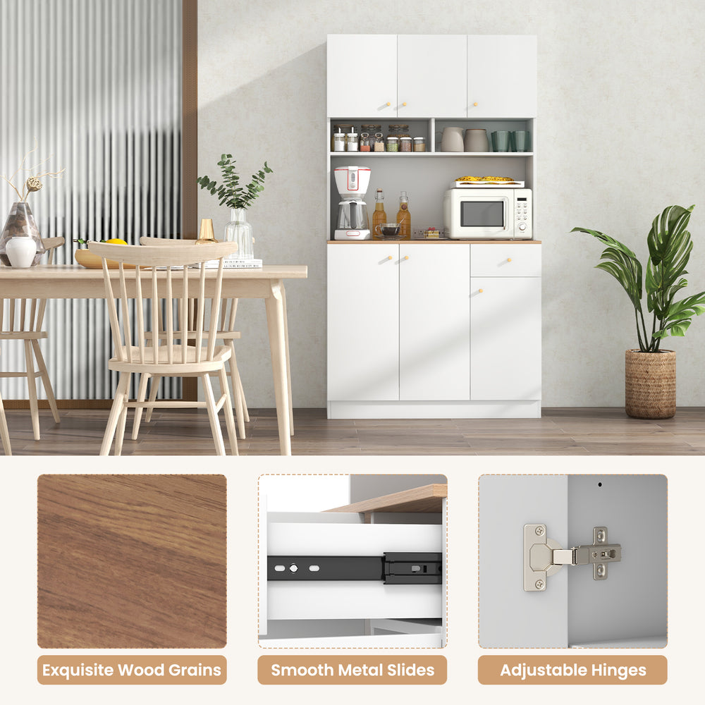 71-inch tall white pantry cabinet featuring wood-textured countertop, adjustable shelves, and smooth metal slides for.