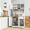 71-inch tall white pantry cabinet featuring open storage, adjustable shelves, and built-in outlets for convenient.
