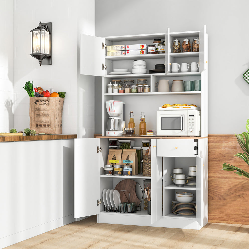 71-inch tall white pantry cabinet featuring open storage, adjustable shelves, and built-in outlets for convenient.