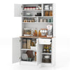 Tall white pantry cabinet with wood-textured countertop, adjustable shelves, and multiple storage compartments for.