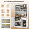 Three-level adjustable shelves in a 71-inch tall white pantry cabinet, ideal for organized dining room storage.