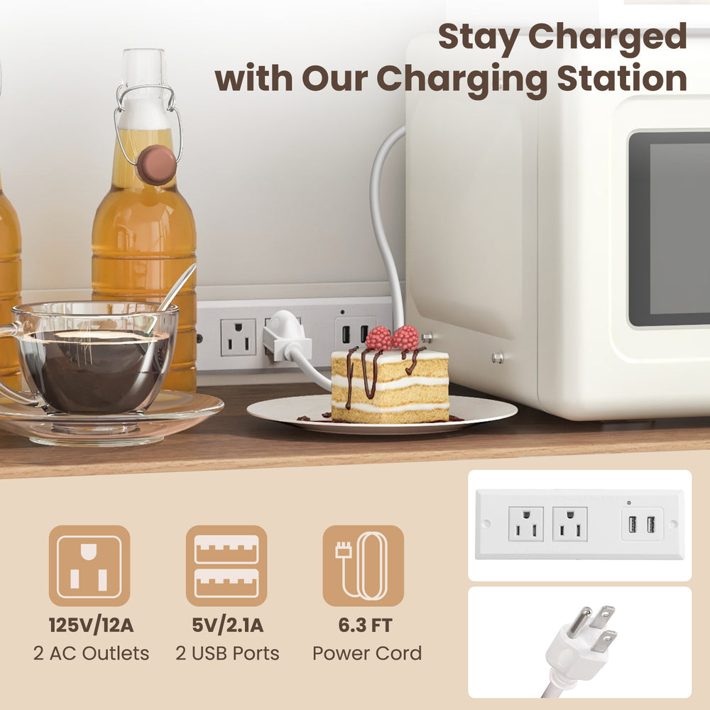 Wood-textured countertop of the 71-inch tall pantry cabinet with 2 AC outlets and 2 USB ports for convenient charging.