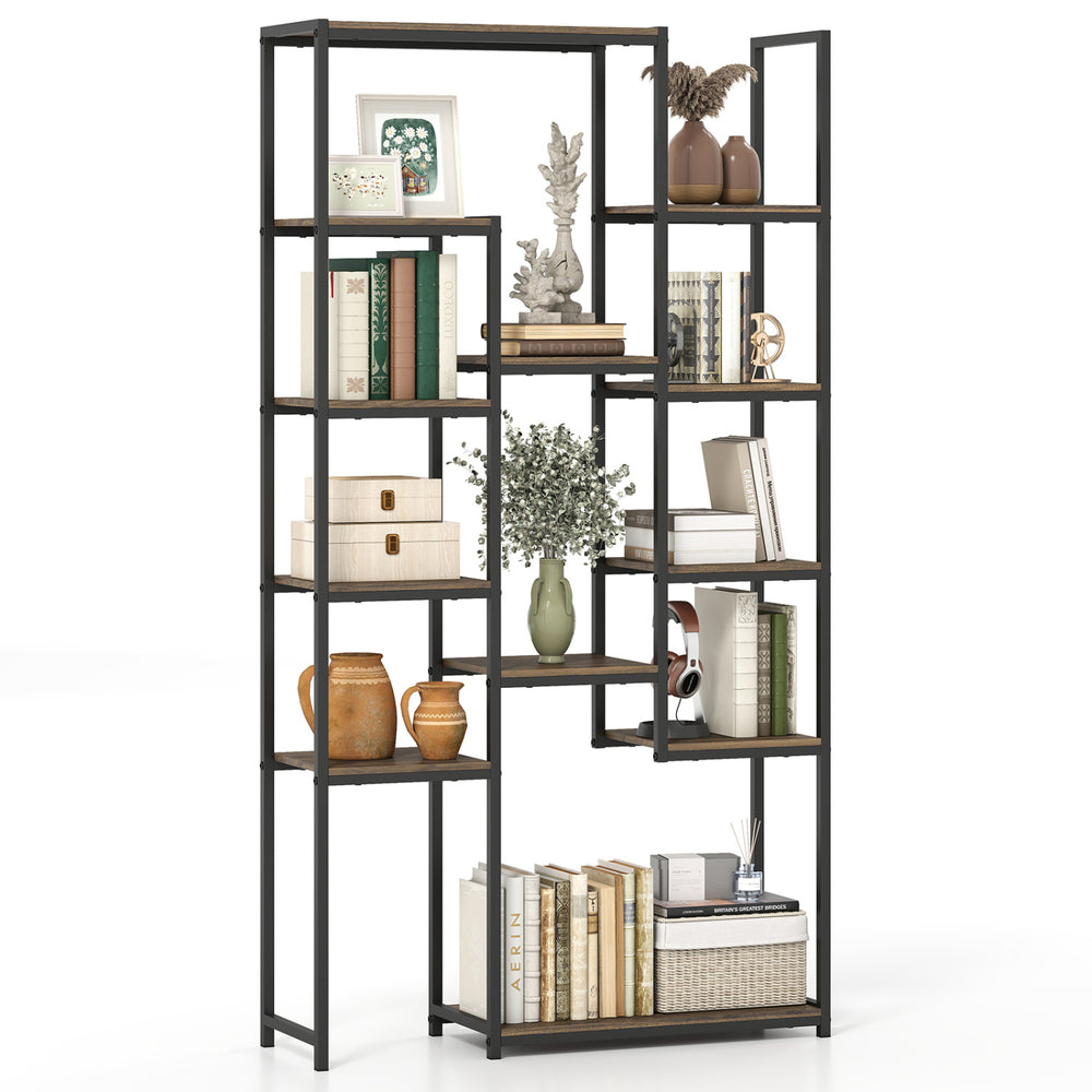 Geometric 71-inch tall bookshelf with 12 open shelves, walnut finish, ideal for books and decorative items.