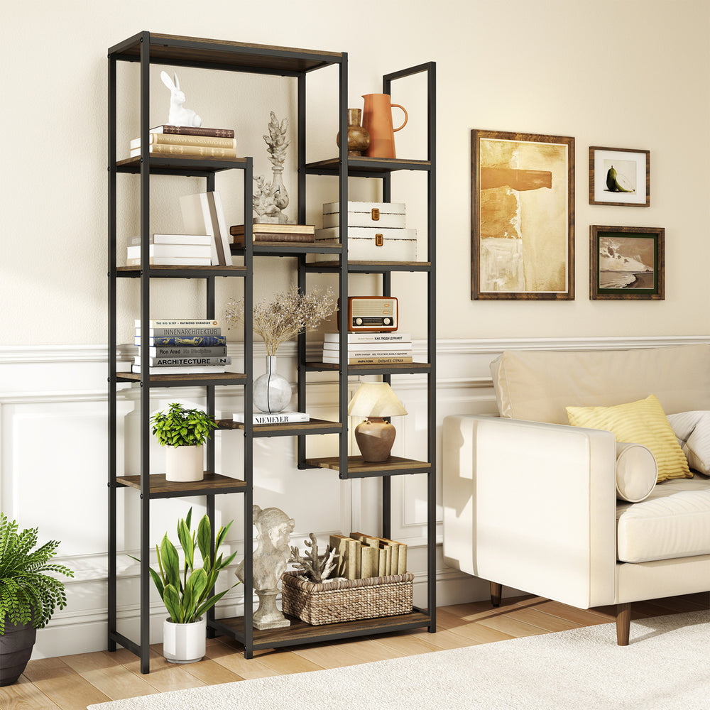 Geometric 71-inch tall walnut bookshelf with 12 open shelves, ideal for books and decor in any living space.