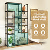 71-inch tall vintage geometric bookshelf with 12 open shelves in walnut finish, perfect for books and decor.