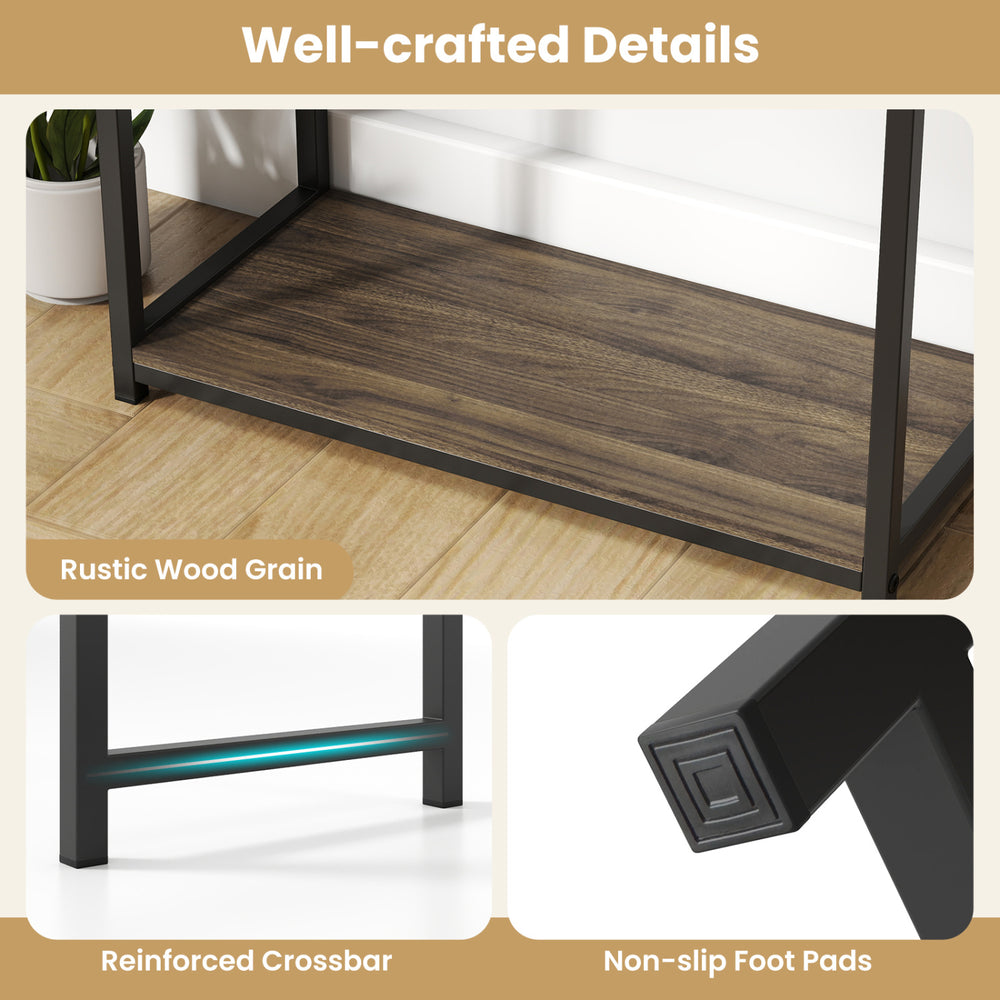 Close-up of the 71-inch tall vintage geometric bookshelf showcasing rustic wood grain and reinforced crossbar for.