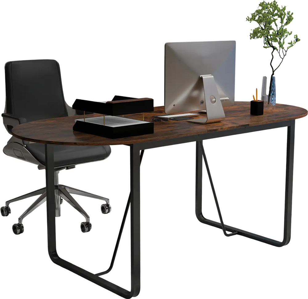 Oval 71-inch executive table in rustic brown with cable management hole, perfect for office or meeting room use.