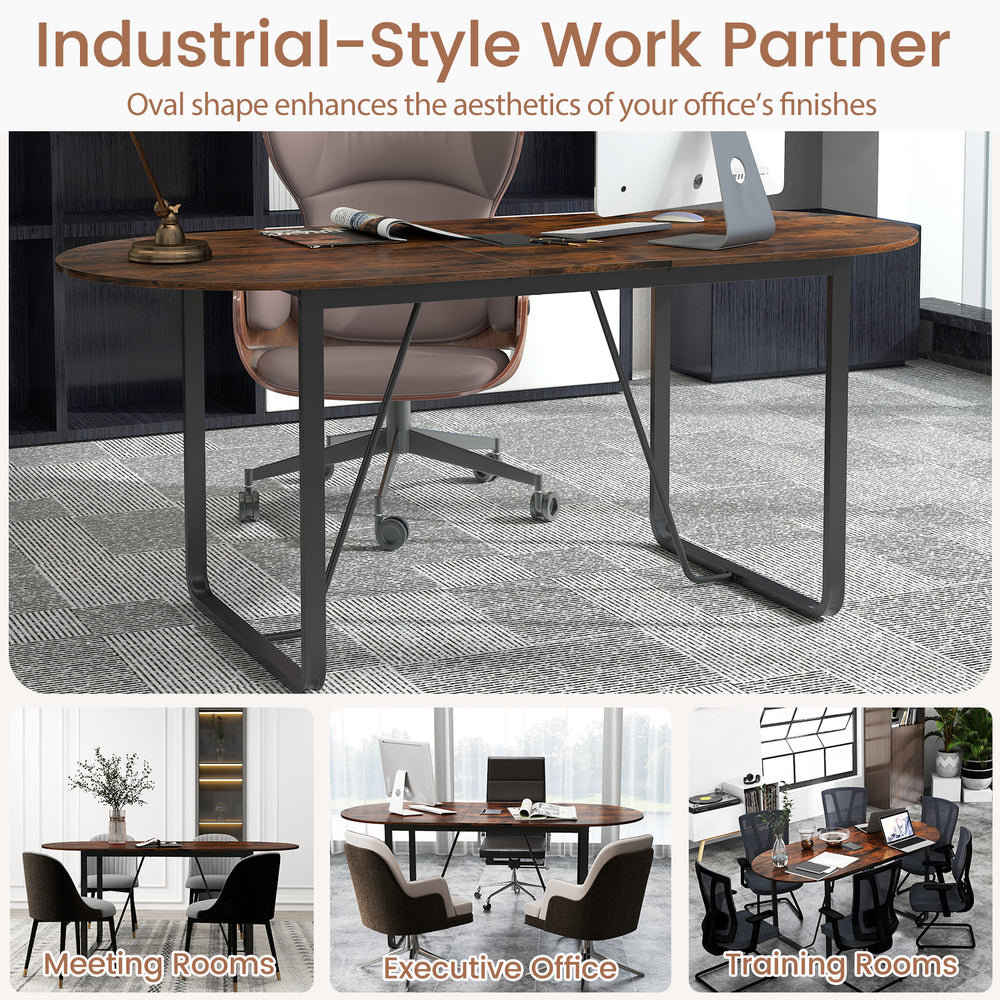 Oval 71-inch rustic brown executive table with cable management hole, ideal for meeting and training rooms.