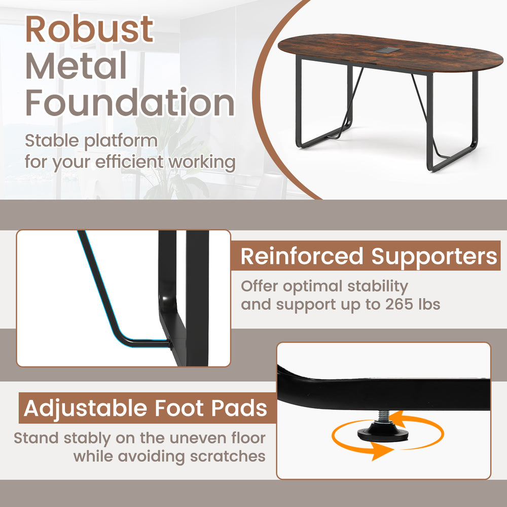 Oval home office table in rustic brown with cable management hole and adjustable foot pads for stability and style.