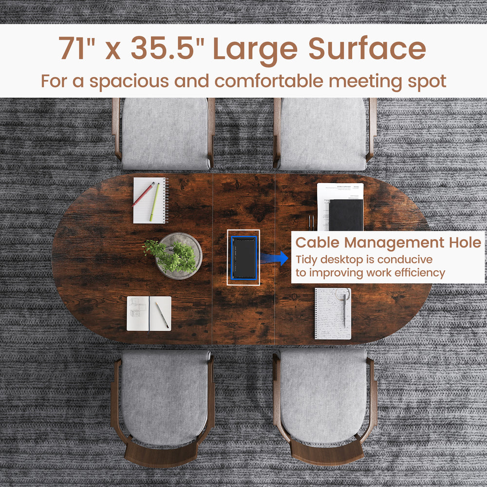 Oval 71" executive table in rustic brown with cable management hole, ideal for spacious office meetings and.