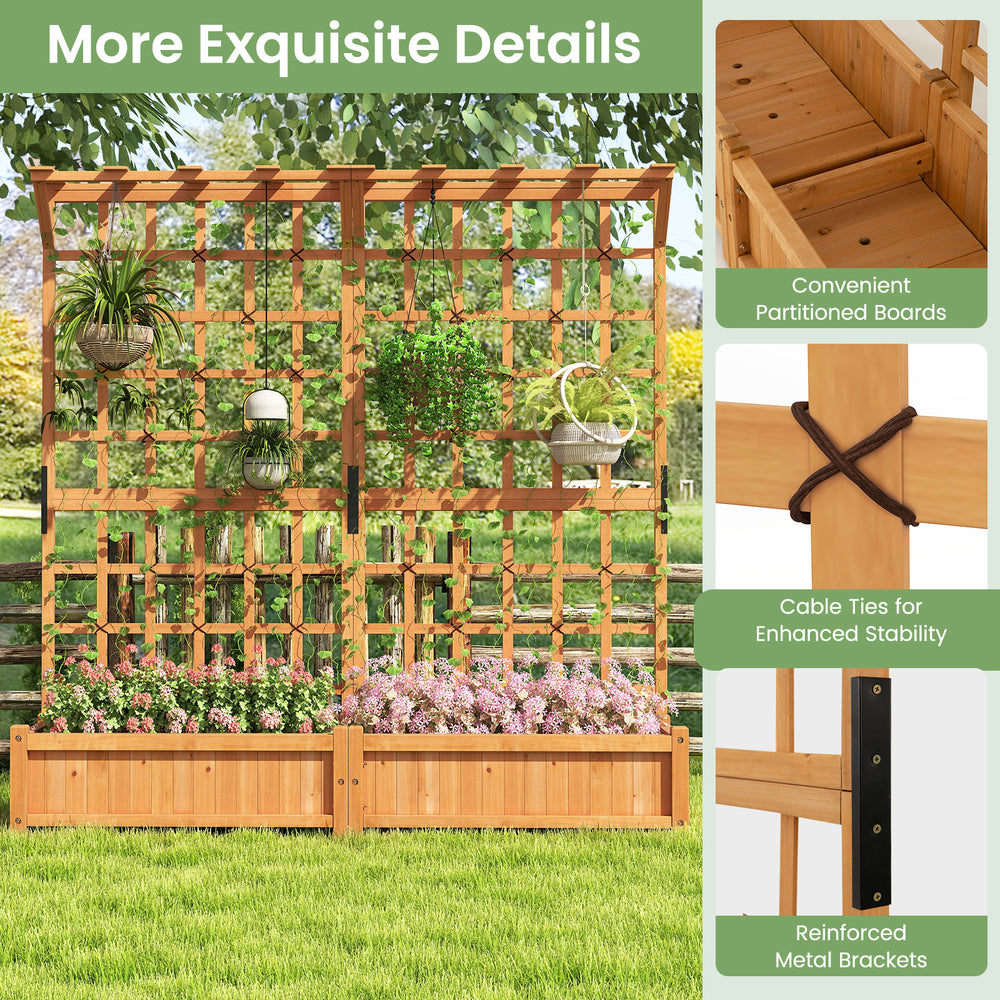 Large wooden planter with trellis and hanging roof, made of natural fir wood, ideal for climbing plants and flowers.