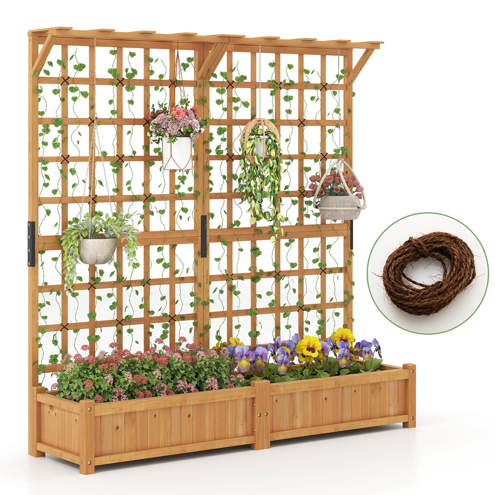 Large wooden planter container with trellis and hanging roof for climbing plants, made of durable natural fir wood.