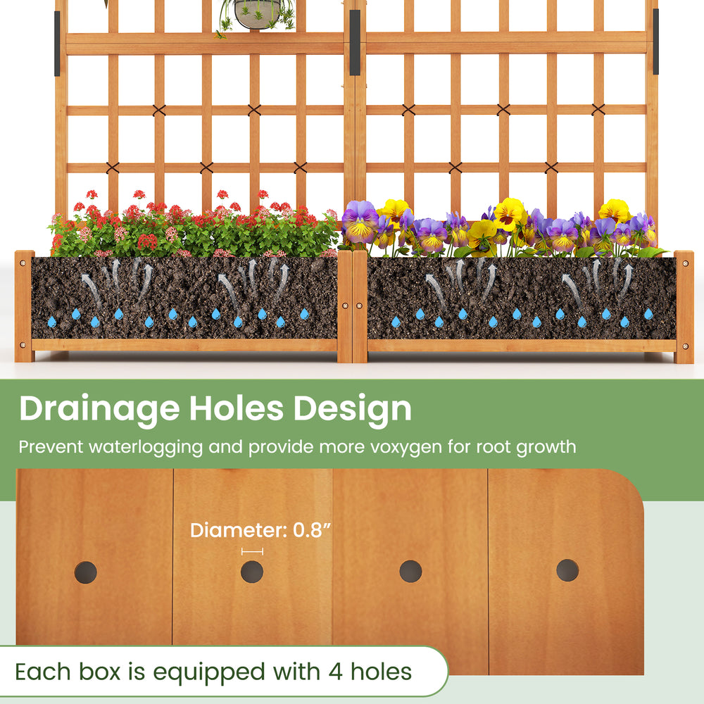 Large wooden planter container with trellis, featuring drainage holes for root growth and natural fir wood construction.