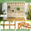 Wooden planter container with trellis and hanging roof, featuring two large planter boxes for versatile plant growth.
