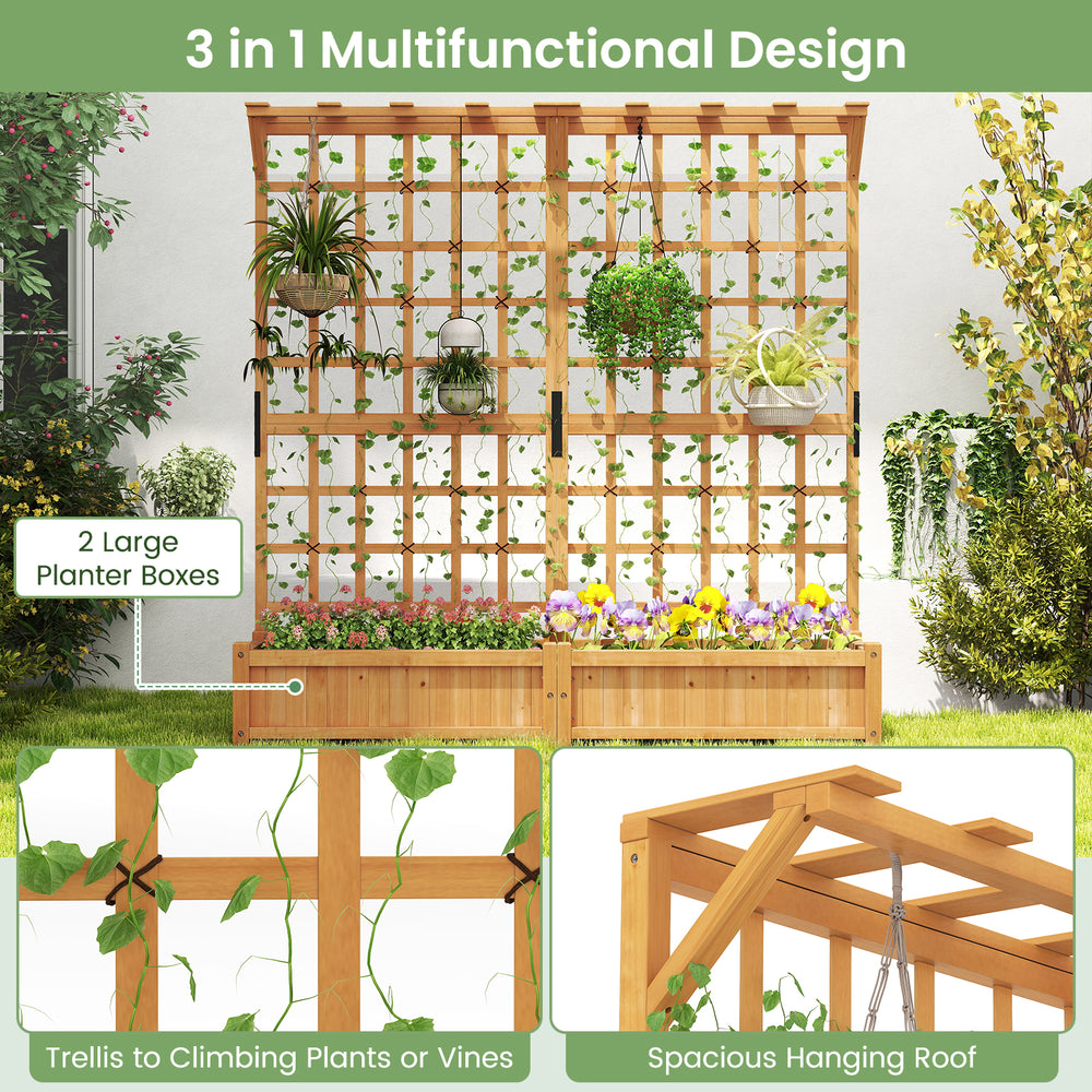 Wooden planter container with trellis and hanging roof, featuring two large planter boxes for versatile plant growth.