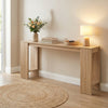 Natural 71-inch console table with storage, showcasing smooth wood grain, perfect for hallway organization and display.