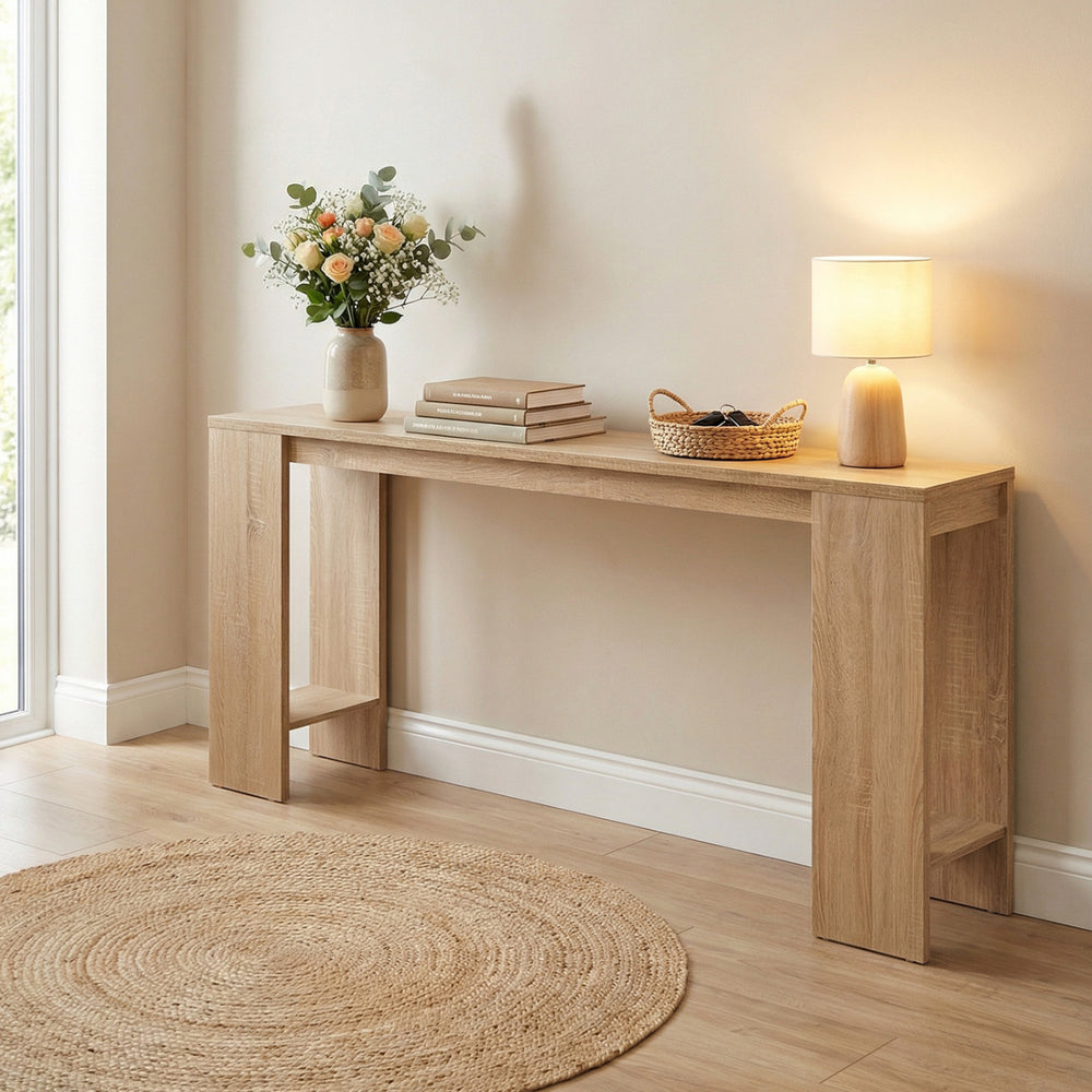 Natural 71-inch console table with storage, showcasing smooth wood grain, perfect for hallway organization and display.