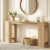 Natural wood 71-inch console table with open storage, ideal for displaying decor in a stylish hallway or foyer.