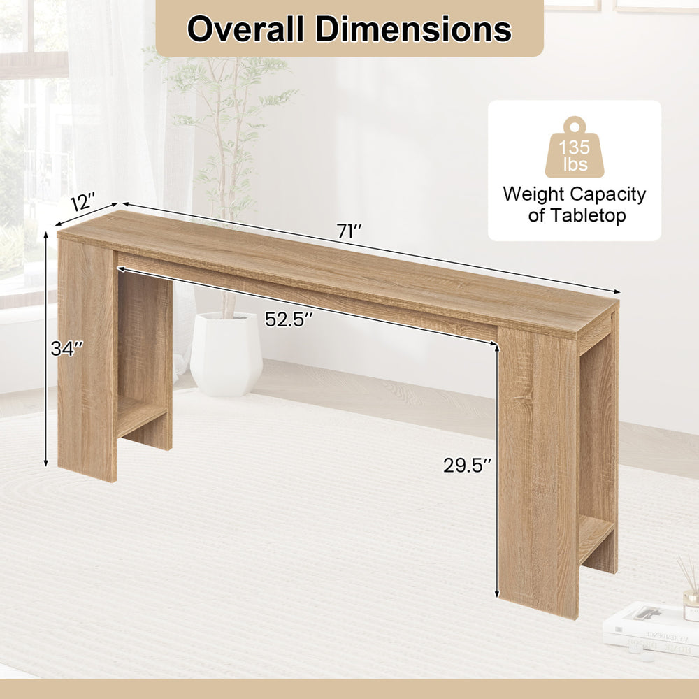 71-inch long console table with natural wood grain, featuring storage space for hallway organization and stable support.