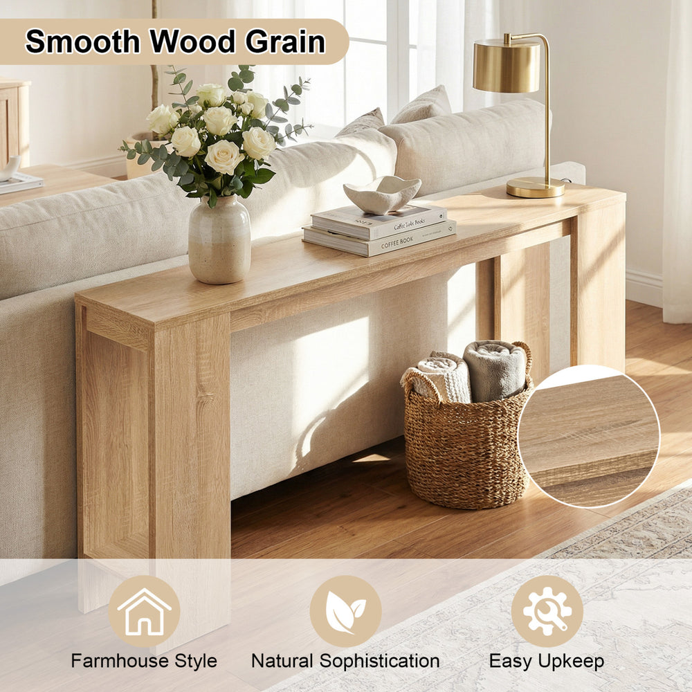 71-inch long console table with smooth wood grain, farmhouse style, and ample storage for hallway organization.