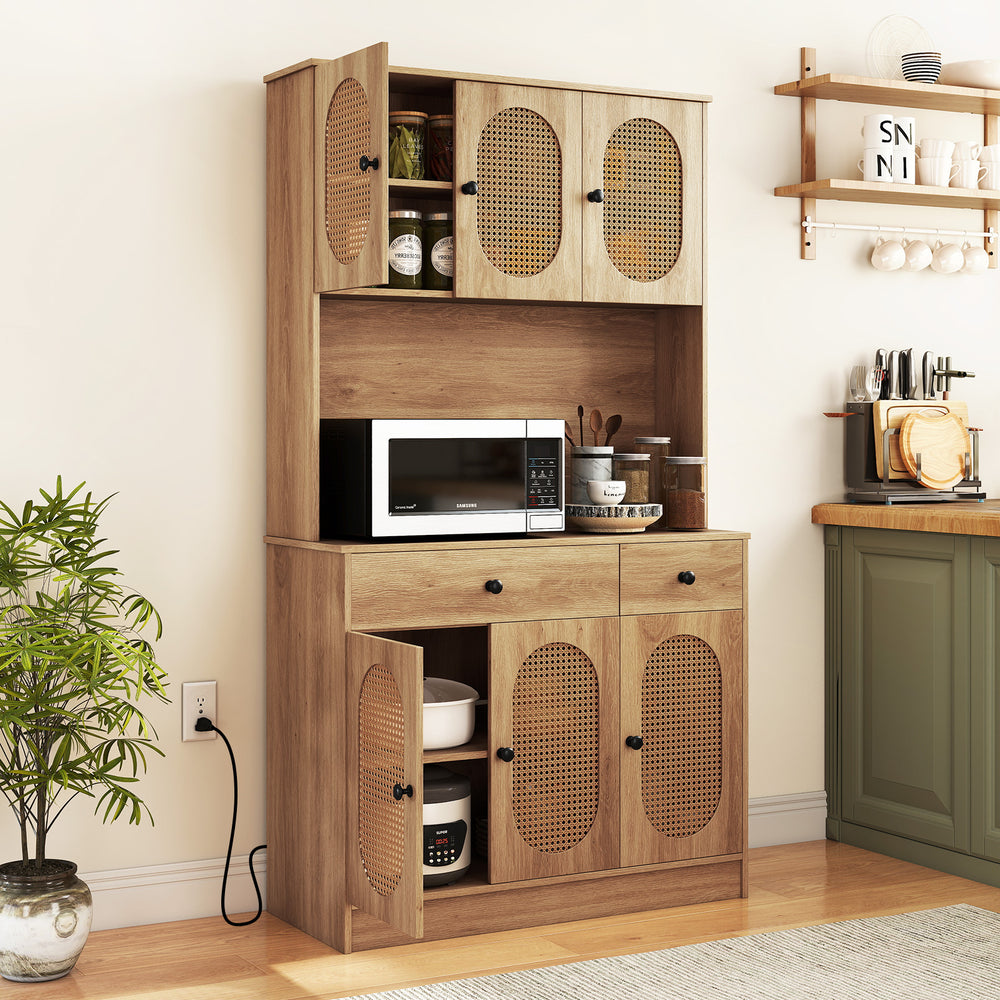 Natural 71-inch pantry cabinet with hutch, showing the 6-door design and spacious interior for versatile kitchen.
