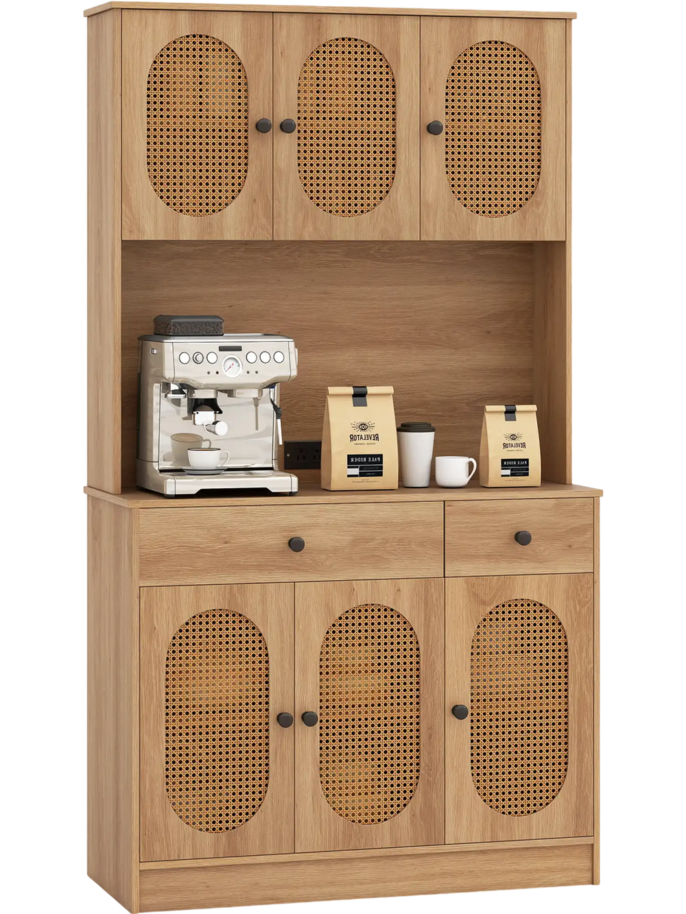 Pantry cabinet with hutch showcasing the natural wood finish and spacious interior, ideal for kitchen organization.