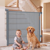 Retractable 71" baby and dog gate, 33.5" tall, securely mounted for hallways and doorways, featuring a double safety lock.