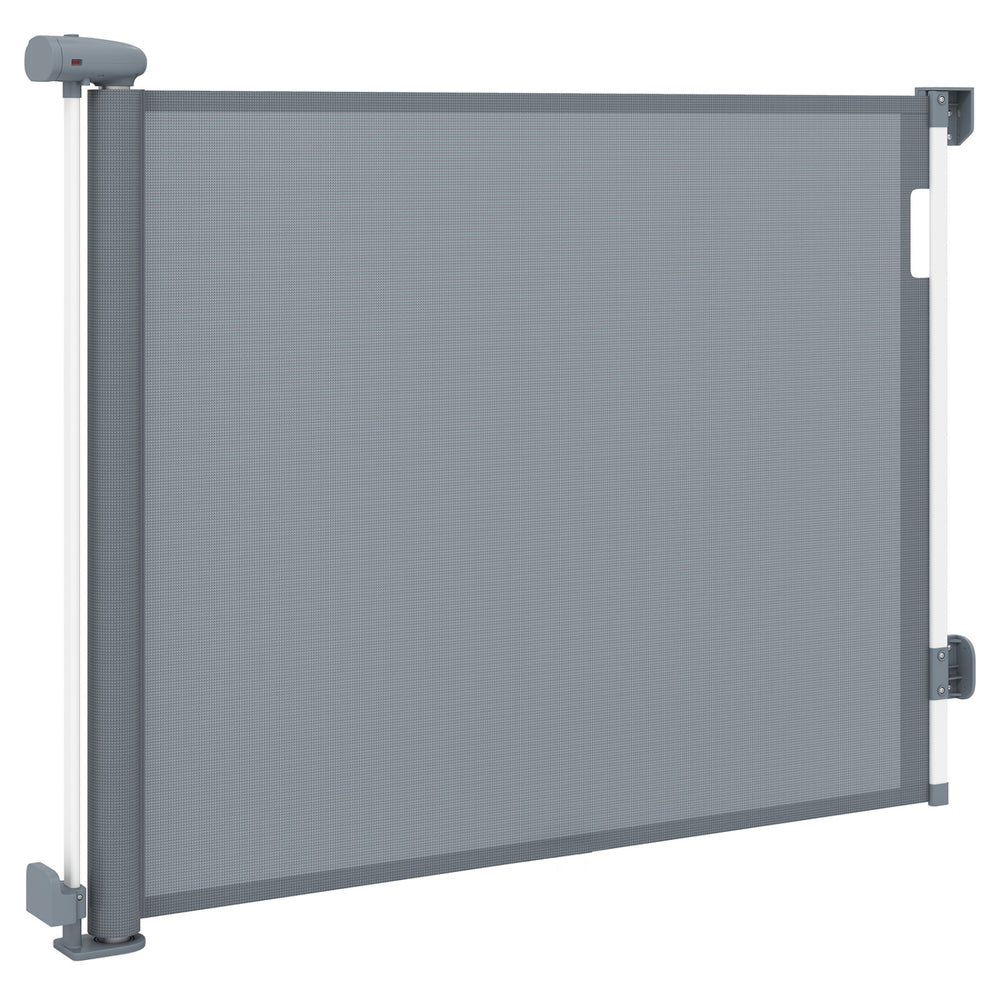 Retractable baby and dog gate, 71" wide and 33.5" tall, hardware mounted for secure access in hallways and doorways.