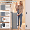 Retractable baby and dog gate, 71" wide and 33.5" tall, features one-hand operation and anti-slip buckles for secure use.