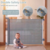 Retractable 71" baby and dog gate, 33.5" tall, features a double safety lock for secure hallway and doorway access.